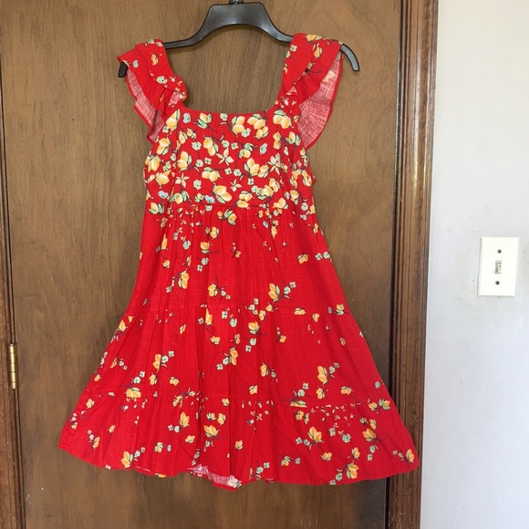 Relist7/18❌ LC LAUREN CONRAD red with lemon & floral print tie back dress - Picture 4 of 16